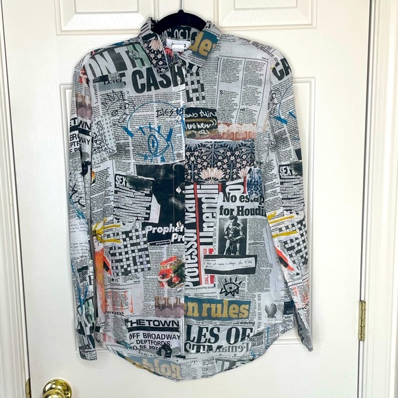 Desigual Newspaper Print Button Up Blouse – Long Sleeve Graphic Statement Top - Picture 1 of 14